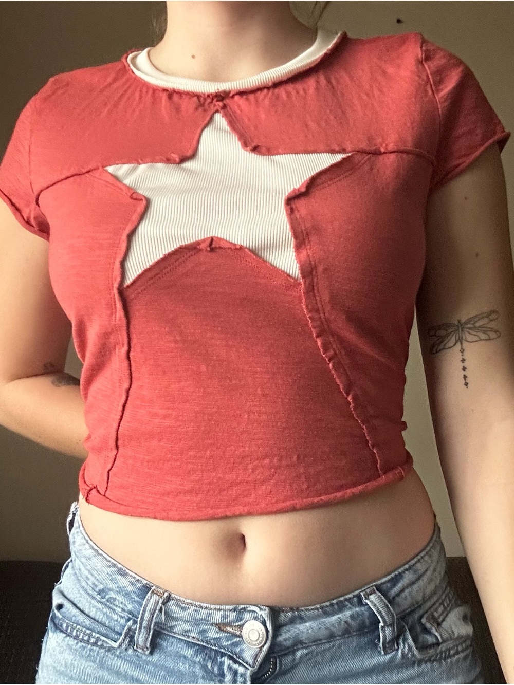 SHEIN Star Patch Cropped Baby Tee Ringer Top M - Picture 5 of 6